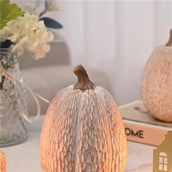 Artificial Pumpkin Decor Set of 2 White Brown Resin Pumpkins Fall Thanksgiving - Picture 5 of 7